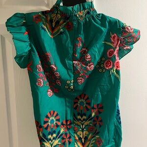 Green Floral Ruffle Sleeve Blouse